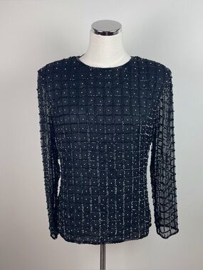 Stenay Vintage Black Silk Beaded Long Sleeve Blouse Top Women Size Medium